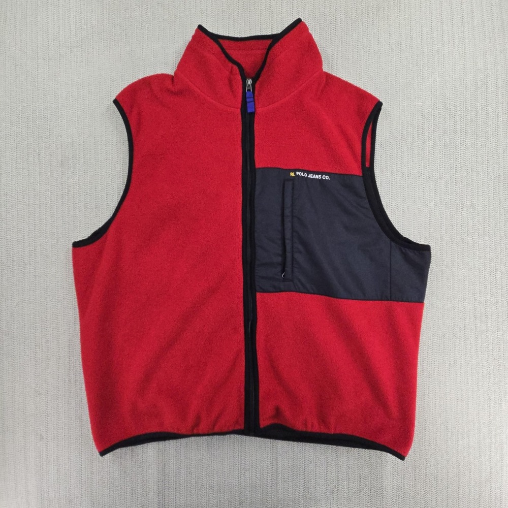 Vtg Ralph Lauren Polo Jeans Co Vest Mens 2XL Red Fleece Full Zip Pockets Outdoor